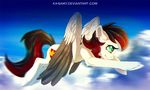  black_hair cutie_mark day equine eyelashes fan_character feathered_wings feathers female feral flying fur gradient_hair green_eyes grey_feathers hair hooves ka-samy mammal my_little_pony nude outside red_hair sky smile solo white_feathers white_fur white_hooves wings 