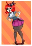  2016 animated_skeleton bone bow breasts cleavage clothed clothing female hair hand_on_hip monster_girl_gamu nerdbayne nipples not_furry red_hair shirt_pull skeleton skelly skirt smile solo tongue undead 
