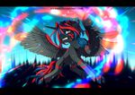  black_bars blue_hair equine fan_character feathers feral fur grey_feathers grey_fur hair hooves horn ka-samy male mammal my_little_pony nude red_eyes red_hair solo standing teeth winged_unicorn wings 