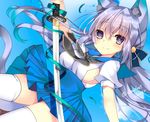  animal_ears bangs blue_sailor_collar blue_skirt blush breasts cat_ears cat_tail closed_mouth commentary cowboy_shot dutch_angle eyebrows eyebrows_visible_through_hair gradient_hair hair_between_eyes hair_ribbon holding holding_sword holding_weapon long_hair looking_at_viewer medium_breasts multicolored_hair neckerchief original pleated_skirt puffy_short_sleeves puffy_sleeves purple_eyes purple_hair ribbon sailor_collar satsuki_mayuri short_sleeves sideboob skirt smile solo sword tail thighhighs twitter_username weapon white_legwear zettai_ryouiki 
