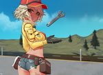  ass belt black_gloves blonde_hair bra breasts cidney_aurum commentary cropped_jacket denim denim_shorts dirty final_fantasy final_fantasy_xv gloves green_eyes hat kuroonehalf medium_breasts messy_hair midriff road shaded_face short_hair short_shorts shorts sideboob smile solo tan tanline underwear utility_belt wrench 