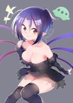  1girl alternate_costume alternate_hairstyle areola_slip areolae armpit_peek bare_shoulders black_dress black_hair black_legwear blush breasts brown_eyes chipa_(arutana) cleavage collarbone commentary_request dress grey_background grin hair_ornament hairclip highres houjuu_nue large_breasts long_sleeves looking_at_viewer microdress off-shoulder_dress off_shoulder over-kneehighs pointy_ears shiny shiny_skin short_hair smile solo thighhighs touhou ufo 