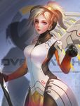  blonde_hair blue_eyes breasts emblem high_ponytail highres holding holding_weapon kaze_no_gyouja large_breasts long_hair looking_at_viewer mechanical_halo mechanical_wings mercy_(overwatch) overwatch pantyhose parted_lips pointing shadow solo weapon wings 
