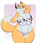  2019 anthro belly big_belly big_breasts bikini blush breasts canid canine clothing cow_print dipstick_tail female fox huge_breasts lactating lactating_through_clothing mammal milk multicolored_tail nipple_bulge overweight overweight_female solo swimsuit titsunekitsune wide_hips zera_(titsunekitsune) 