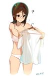  2016 blush bra breath brown_eyes brown_hair clothes_hanger clothes_in_front commentary_request cowboy_shot dated glasses holding holding_clothes jpeg_artifacts original panties sasamori_tomoe shirt simple_background solo underwear underwear_only white_background white_bra white_panties white_shirt 