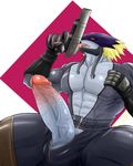  anthro beelzebumon beelzemon clothed clothing digimon gun humanoid_penis long_penis male penis ranged_weapon simple_background solo weapon welvet zipper 