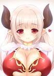  alicia_(granblue_fantasy) breasts center_opening cleavage cross cross_earrings draph earrings gloves granblue_fantasy heart horns huge_breasts jewelry kane-neko long_hair looking_at_viewer pointy_ears red_eyes silver_hair smile solo underboob upper_body white_gloves 
