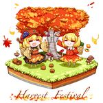  :3 :d =_= acorn aki_minoriko aki_shizuha autumn autumn_leaves backpack bag barefoot basket blonde_hair blush_stickers bow bowtie burr chestnut chibi dress english food food_on_head fruit fruit_on_head grapes grass hair_ornament kashuu_(b-q) leaf_hair_ornament multiple_girls mushroom o_o object_on_head open_mouth persimmon short_hair siblings sisters smile sweet_potato touhou tree wide_sleeves 