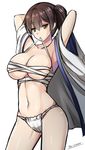  armpits arms_behind_head arms_up artist_name bare_shoulders breasts brown_eyes brown_hair cleavage collarbone commentary_request cowboy_shot fundoshi highres japanese_clothes kaga_(kantai_collection) kantai_collection large_breasts long_hair looking_at_viewer midriff mouth_hold navel open_clothes rokushaku_fundoshi sarashi side_ponytail skindentation solo stomach the-sinner underboob white_background 