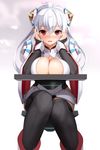  bangs black_legwear blush breast_rest breasts cleavage eto eyebrows_visible_through_hair highres large_breasts long_hair looking_at_viewer matoi_(pso2) mikoto_cluster phantasy_star phantasy_star_online_2 red_eyes sitting smile solo thighhighs white_hair 