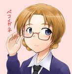  blonde_hair blue_eyes commentary_request dead_people girls_und_panzer glasses necktie orange_pekoe pink_background semi-rimless_eyewear solo st._gloriana's_school_uniform sweatdrop sweater translated under-rim_eyewear 