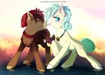  blue_eyes blue_hair collar cutie_mark duo equine eyelashes eyes_closed fan_character feral fur hair hat hooves jewelry ka-samy male mammal my_little_pony necklace red_hair smile standing water white_fur 