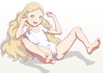  barefoot blonde_hair blue_eyes flat_chest full_body gymnast_leotard legs leotard long_hair lying on_back open_mouth original simple_background smile solo spread_legs takatou_sora toes very_long_hair white_background 