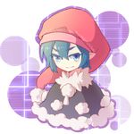  &gt;:) blue_eyes blue_hair closed_mouth commentary doremy_sweet dress fur_trim hat ko_kita looking_at_viewer nightcap pointy_ears pom_pom_(clothes) short_hair smile solo touhou upper_body v-shaped_eyebrows 