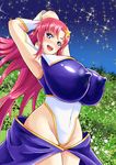 armpits arms_up blue_eyes blush breasts covered_nipples error gloves groin gundam gundam_seed gundam_seed_destiny hair_ornament highres huge_breasts impossible_clothes leotard long_hair meer_campbell pink_hair purple_leotard sky solo star_(sky) starry_sky thighs tree white_gloves white_leotard yachan 