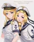  2girls :d artist_name blonde_hair blue_eyes blush breasts character_name commentary_request copyright_name dated gloves gneisenau_(zhan_jian_shao_nyu) hair_between_eyes hair_over_shoulder hand_on_another's_arm hand_on_another's_hand hat highres lips looking_at_viewer medium_breasts military military_uniform mole mole_under_mouth multiple_girls open_mouth parted_lips rail_(silverbow) sailor sailor_collar sailor_hat scharnhorst_(zhan_jian_shao_nyu) shirt short_sleeves smile teeth text_focus uniform upper_body white_gloves white_hat white_shirt zhan_jian_shao_nyu 