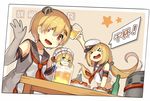  &gt;_&lt; :d admiral_scheer_(zhan_jian_shao_nyu) alcohol alternate_costume animal_ears armpits beer beer_mug blonde_hair blue_eyes blush blush_stickers bottle breasts chinese closed_eyes commentary cup deutschland_(zhan_jian_shao_nyu) drunk dutch_angle elbow_gloves enmaided fake_animal_ears fang frills gloves graf_spee_(zhan_jian_shao_nyu) hair_ornament hair_over_one_eye hairclip hat holding holding_cup lino-lin long_hair low_twintails maid maid_headdress midriff military military_hat military_uniform multiple_girls open_mouth ponytail red_eyes sailor_collar shirt short_hair sleeveless sleeveless_shirt small_breasts smile speech_bubble table text_focus translated twintails uniform waving white_shirt zhan_jian_shao_nyu 