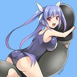  :d artist_name ass barefoot blue_background blush breasts english eyebrows eyebrows_visible_through_hair fang from_side gradient_hair hair_ribbon highres i-19_(kantai_collection) inflatable_toy kantai_collection large_breasts long_hair multicolored_hair object_hug one-piece_swimsuit open_mouth purple_hair red_eyes ribbon school_swimsuit simple_background smile solo swimsuit the-sinner twintails two-tone_hair very_long_hair white_ribbon 