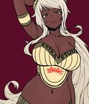  akairiot arm_up armband bare_shoulders bottle_cap breasts bustier cleavage commentary curvy dark_skin eyelashes guinness_(beer) hair_ornament large_breasts long_hair magenta_background navel original personification red_eyes signature silver_hair solo sweat very_long_hair 
