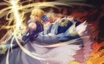  adapted_costume aqua_eyes artoria_pendragon_(all) blonde_hair breasts cleavage dress excalibur fate/stay_night fate/zero fate_(series) highres holding holding_sword holding_weapon looking_at_viewer maomaozi medium_breasts saber solo sword weapon 
