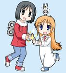  ac_japan arigato_usagi black_eyes black_hair blonde_hair blue_eyes bunny labcoat long_hair lowres multiple_girls necktie nekoma_kotomitsu nichijou open_mouth orange_hair professor_shinonome school_uniform shinonome_nano short_hair skirt smile winding_key 