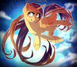  amber_eyes brown_hair equine eyelashes fan_character feathered_wings feathers female feral fur hair horn ka-samy long_hair mammal my_little_pony outside purple_hair sky solo star starry_sky tan_feathers tan_fur winged_unicorn wings 