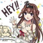  :&lt; :d artist_name blush breasts brown_hair chibi chibi_inset cleavage closed_mouth collarbone cosplay crown cup double_bun dress english eyebrows eyebrows_visible_through_hair hair_between_eyes hairband highres holding jewelry jitome kantai_collection kongou_(kantai_collection) large_breasts long_hair long_sleeves looking_at_viewer mini_crown multiple_girls necklace off-shoulder_dress off_shoulder open_mouth partially_colored purple_eyes saucer simple_background smile sparkle tea teacup the-sinner unamused warspite_(kantai_collection) warspite_(kantai_collection)_(cosplay) waving white_background white_dress 