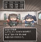 2girls akagi_(kantai_collection) bad_id bad_pixiv_id bar_stool bowl brown_eyes brown_hair ceiling commentary counter door fake_screenshot food gyuudon holding holding_bowl horn horns japanese_clothes kaga_(kantai_collection) kakuzatou_(koruneriusu) kantai_collection long_hair multiple_girls muneate open_mouth side_ponytail sidelocks smile stool translated twintails window wooden_floor 