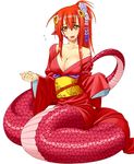  1girl breasts cleavage fangs flower flying_sweatdrops hair_flower hair_ornament inui_takemaru japanese_clothes kimono lamia long_hair looking_at_viewer miia_(monster_musume) monster_girl monster_musume_no_iru_nichijou official_art okayado open_clothes open_mouth pointy_ears ponytail simple_background slit_pupils solo white_background yellow_eyes 