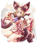  :d animal_costume bangs blonde_hair blush claws cosplay costume djeeta_(granblue_fantasy) dragon_costume dragon_horns dragon_tail dress fake_horns fake_tail gloves granblue_fantasy hair_between_eyes hairband haku_(sabosoda) horns looking_at_viewer open_mouth orange_eyes paw_gloves paws short_dress short_hair smile solo sparkle tail vee_(granblue_fantasy) vee_(granblue_fantasy)_(cosplay) 