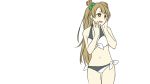  1girl :d bikini blush bow brown_eyes brown_hair cowboy_shot front-tie_bikini front-tie_top fuyu_rin long_hair love_live! love_live!_school_idol_project minami_kotori navel one_side_up open_mouth side-tie_bikini simple_background smile solo standing swimsuit white_background white_bikini white_bow 