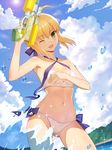  :d ahoge arm_up artoria_pendragon_(all) artoria_pendragon_(swimsuit_archer) bare_shoulders bikini blonde_hair breasts cleavage cloud covering covering_breasts day eyebrows eyebrows_visible_through_hair fate/grand_order fate/stay_night fate_(series) green_eyes hair_ribbon head_tilt holding looking_at_viewer medium_breasts navel one_eye_closed open_mouth outdoors ribbon sky smile solo splashing swimsuit vmax-ver wading wardrobe_malfunction water water_gun wet white_bikini 