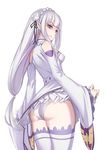  ass bare_shoulders breasts emilia_(re:zero) from_side frown lavender_hair long_hair pointy_ears re:zero_kara_hajimeru_isekai_seikatsu simple_background small_breasts solo streamingsun thighs white white_background 
