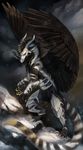  2016 4_fingers 4_toes anthro black_feathers claws curved_horn digitigrade dragon feathered_dragon feathers green_eyes horn looking_at_viewer male markings night nude outside rhyu ridged_horn solo toes 