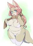  anthro big_breasts bikini blue_eyes blush breasts canid canine clothed clothing fangs female hair inner_ear_fluff kemono legwear long_hair mammal open_mouth overweight overweight_female pink_hair scarf solo swimsuit thigh_highs たぬたん 