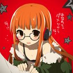  blush brown_eyes glasses headphones jacket kamiyoshi_rika long_hair looking_at_viewer open_mouth orange_hair persona persona_5 red_background sakura_futaba solo translation_request 