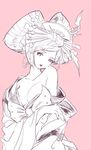  big_hair breasts collarbone comb djeeta_(granblue_fantasy) eyeshadow fingernails geisha gizoku_(granblue_fantasy) granblue_fantasy hair_ornament hair_rings hair_stick japanese_clothes kimono koza_game lipstick long_sleeves makeup medium_breasts no_bra off_shoulder oiran parted_lips pink_background short_hair simple_background solo wide_sleeves wing_hair_ornament wings 