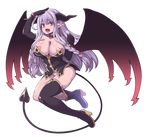  arm_up asymmetrical_legwear bare_shoulders breasts collar commentary_request demon_girl demon_horns demon_tail demon_wings elbow_gloves fang full_body gloves hair_between_eyes hair_ornament hairclip hanauna heart heart_pasties horns large_breasts lavender_hair long_hair looking_at_viewer open_mouth original pasties pink_eyes pointy_ears salute single_thigh_boot solo succubus tail transparent_background wings 