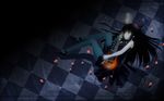  akiyama_mio bangs bass_guitar black_hair blue_eyes blue_legwear blunt_bangs checkered dark don't_say_&quot;lazy&quot; dress facepaint hat highres instrument k-on! long_hair mini_hat mini_top_hat pantyhose petals solo striped top_hat wallpaper water yuuki_eishi 