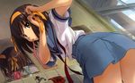  armband bathroom brown_hair cup dutch_angle faucet from_below hairband hairdressing highres kita_high_school_uniform looking_back mirror mouth_hold mug naruko_hanaharu orange_hairband school_uniform serafuku short_hair sink solo suzumiya_haruhi suzumiya_haruhi_no_yuuutsu toothbrush toothpaste wallpaper yellow_eyes 