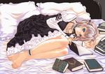  barefoot bed blue_eyes book copyright_request dress feet frills legs lying mikazukimo pillow reading silver_hair solo toes 