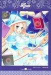  blonde_hair blue_dress blush book bow breasts carina_verritti dress earrings hat highres jewelry large_breasts long_hair magic magical_girl open_mouth ribbon shukufuku_no_campanella solo staff sugiyama_genshou thighhighs witch_hat 