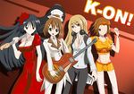  akiyama_mio bass_guitar black_eyes black_hair breasts brown_eyes brown_hair cleavage dress guitar hat headphones headphones_around_neck highres hirasawa_yui instrument k-on! kotobuki_tsumugi large_breasts long_hair medium_breasts mi_ti midriff multiple_girls older orange_shirt shirt short_hair sunglasses synthesizer tainaka_ritsu thighhighs top_hat 