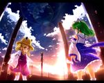  backlighting blonde_hair detached_sleeves etogami_kazuya gohei green_eyes green_hair hat kochiya_sanae leaf lens_flare letterboxed looking_back moriya_suwako multiple_girls onbashira rope sarashi scenery shimenawa sky standing sunlight sunset thighhighs touhou wallpaper yasaka_kanako yellow_eyes 