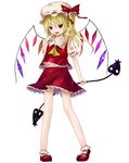  absurdres bad_id bad_pixiv_id blonde_hair bobby_socks bow evil_smile fang finger_to_mouth flandre_scarlet full_body hat highres laevatein mary_janes red_eyes shoes short_hair side_ponytail smile socks solo standing touhou transparent_background tsukumizu_yuu wings 