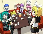  4girls :p =_= aqua_hair blush book cameo controller drunk hatsune_miku kagamine_len kagamine_rin kaito kamui_gakupo karaoke megurine_luka meiko microphone multiple_boys multiple_girls nagian remote_control takoluka thighhighs tongue tongue_out vocaloid |_| 