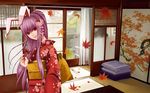  alternate_costume animal_ears architecture autumn bad_id bad_pixiv_id banned_artist bunny_ears east_asian_architecture flower hair_flower hair_ornament highres japanese_clothes kimono leaf lips long_hair looking_at_viewer maple_leaf nail_polish purple_hair red_eyes red_nails reisen_udongein_inaba sliding_doors smile solo touhou yuuka_nonoko 