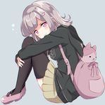  backpack bad_id bad_pixiv_id bag blush danganronpa flipped_hair hair_ornament hood hoodie knees_to_chest kobeni mary_janes nanami_chiaki pink_eyes pink_footwear shoes short_hair sitting sleepy solo super_danganronpa_2 themed_object thighhighs 