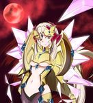  arm_at_side armor bangs blonde_hair breastplate breasts center_opening closed_mouth cowboy_shot crystal fine_(symphogear) forehead_jewel full_moon headgear highres hime_cut kokonotu616 long_hair looking_at_viewer medium_breasts moon navel nefushutan_no_yoroi pantyhose parted_bangs pauldrons red_background red_moon senki_zesshou_symphogear shoulder_spikes sidelocks smile solo spikes stomach underboob vambraces very_long_hair whip yellow_eyes 