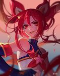  armpits artist_name bare_shoulders blue_gloves blurry depth_of_field fingerless_gloves flat_chest gloves hair_between_eyes hair_ornament jinx_(league_of_legends) league_of_legends long_hair looking_at_viewer open_mouth parted_lips red_eyes red_hair sleeveless sleeveless_turtleneck smile solo songjikyo star star-shaped_pupils star_guardian_jinx symbol-shaped_pupils turtleneck twintails upper_body very_long_hair 